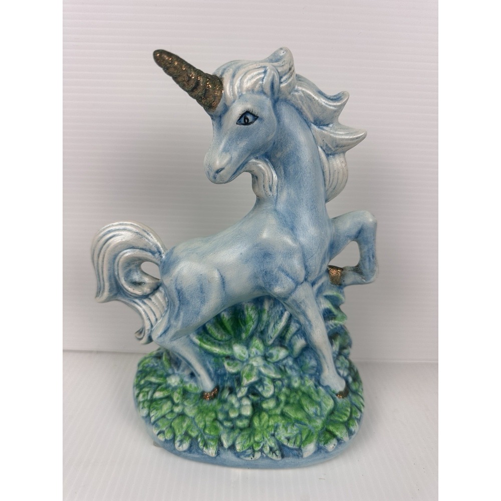 Vintage Blue Ceramic Unicorn Figurine Hand Painted Fantasy Decor 1990s